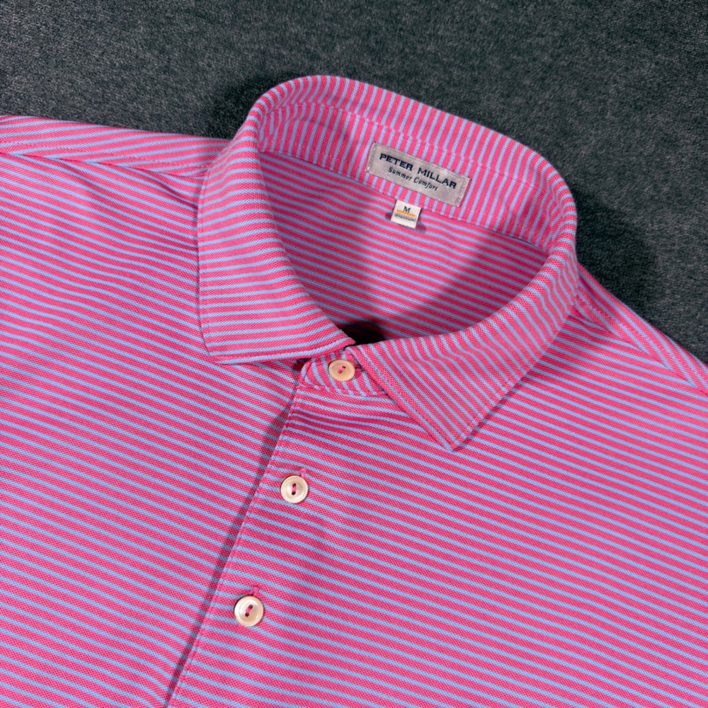 Peter Millar Polo Shirt Mens Medium Pink Blue Striped Summer Comfort Golf Top